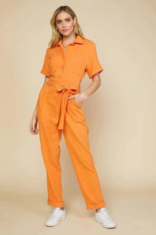 Marina Short Sleeve Tie Front Jumpsuit