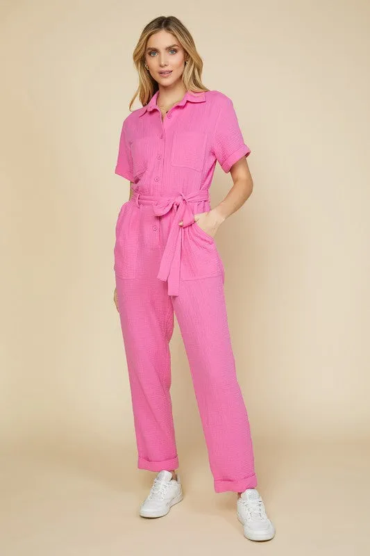 Marina Short Sleeve Tie Front Jumpsuit