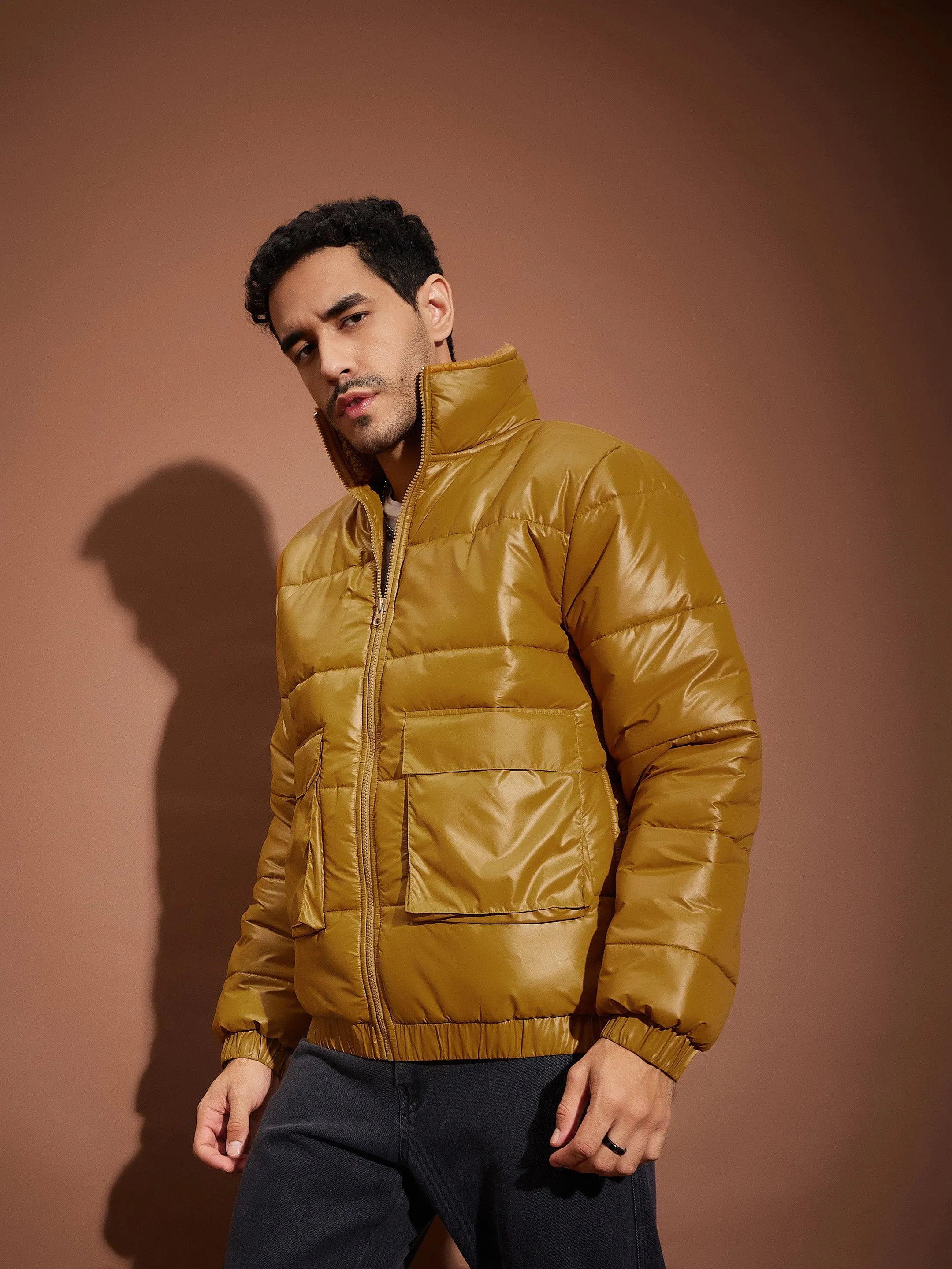 Men Khaki Front Pocket Puffer jacket