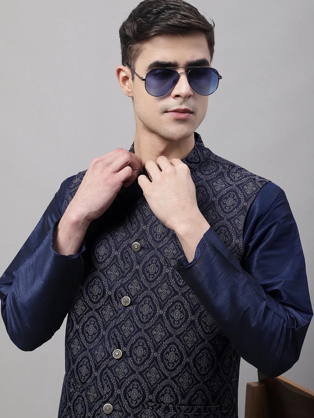 Men Navy Blue And Silver Woven Design Waistcoats