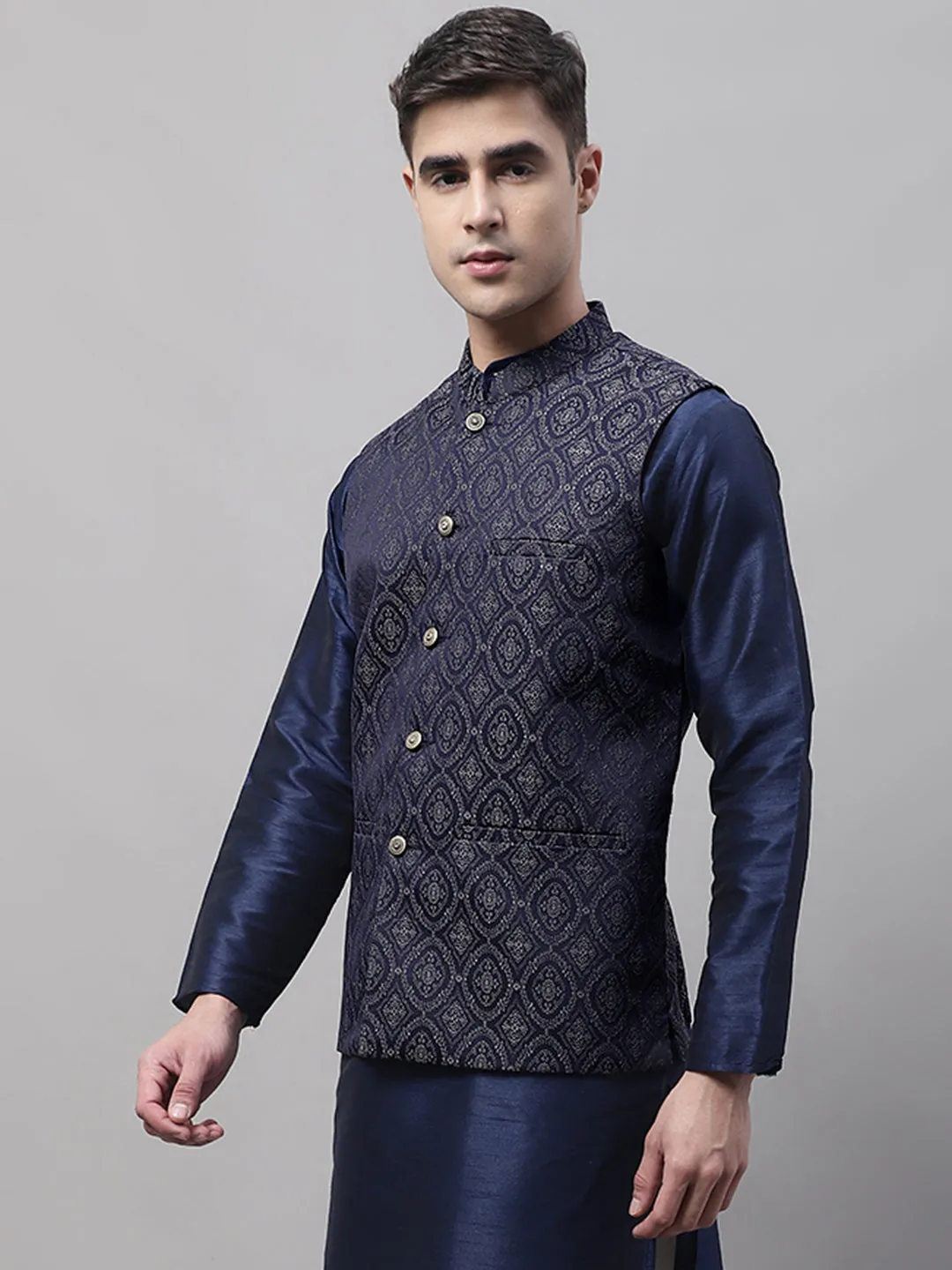 Men Navy Blue And Silver Woven Design Waistcoats