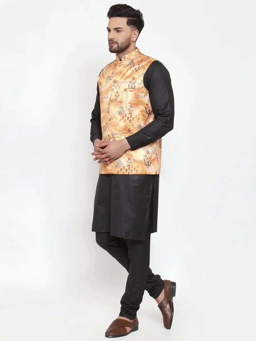 Men Orange Printed Satin Nehru Jacket