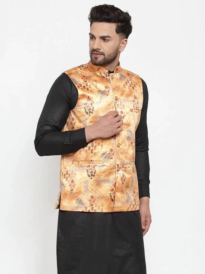 Men Orange Printed Satin Nehru Jacket