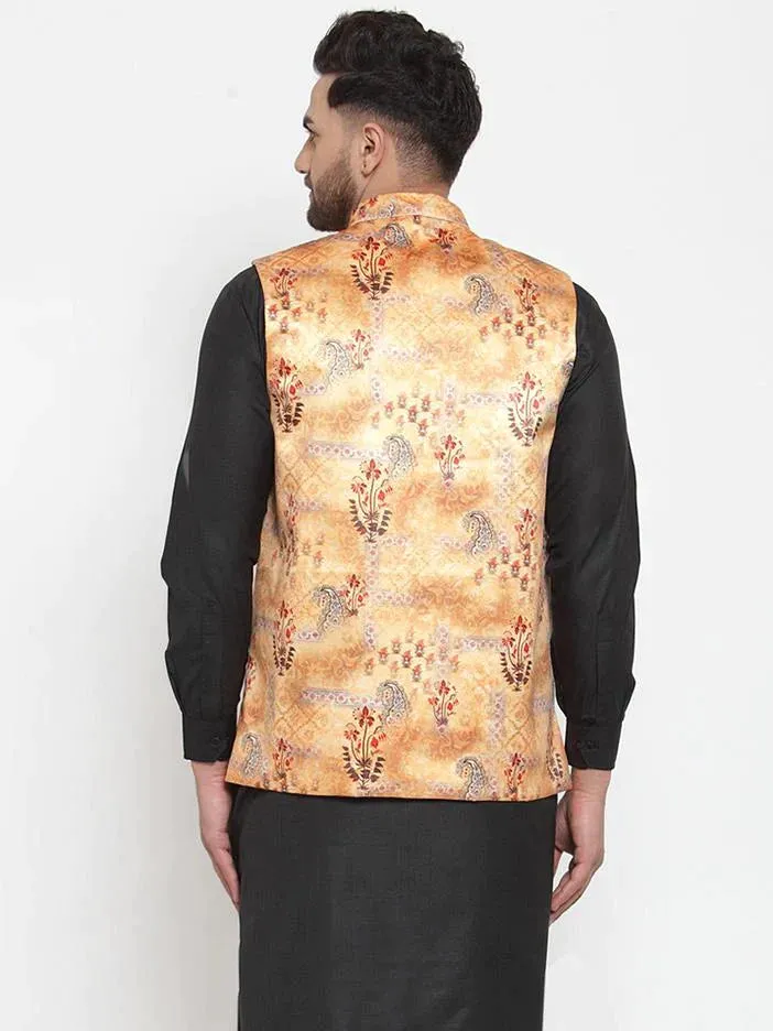 Men Orange Printed Satin Nehru Jacket