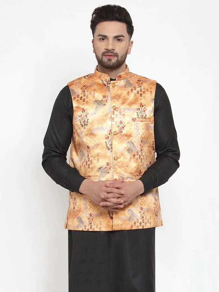 Men Orange Printed Satin Nehru Jacket