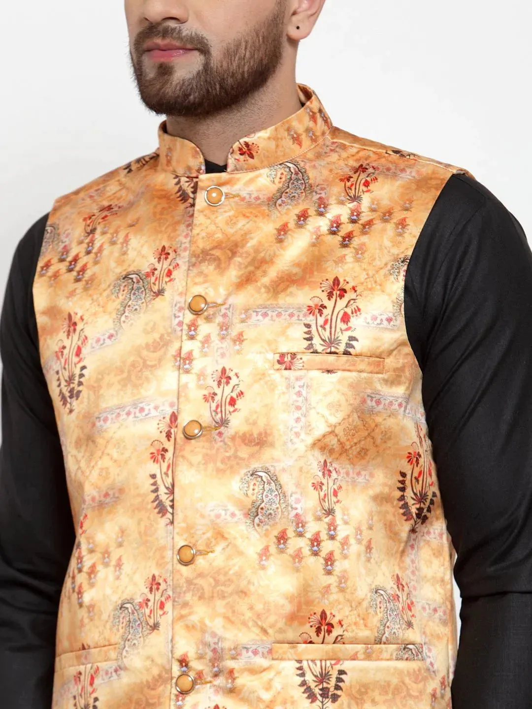 Men Orange Printed Satin Nehru Jacket