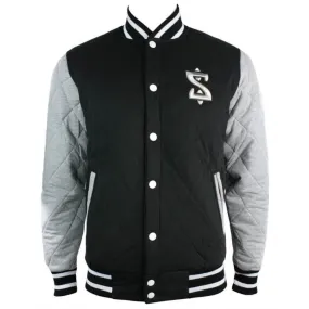 Mens Black College Baseball Grey Arms Bomber Quilted Jacket Varsity Elbow Patch