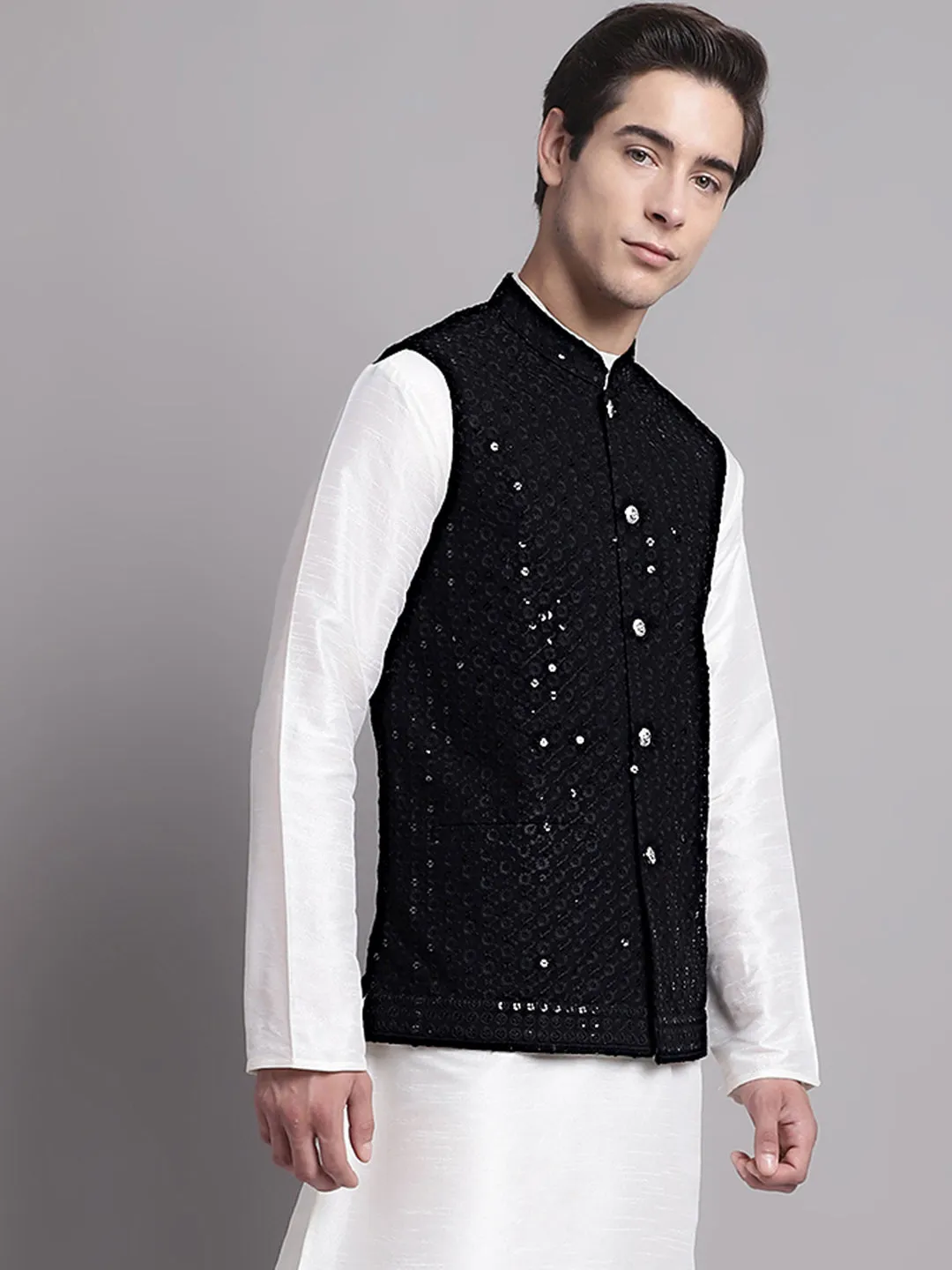 Men'S Black Sequins And Embroidered Nehru Jacket