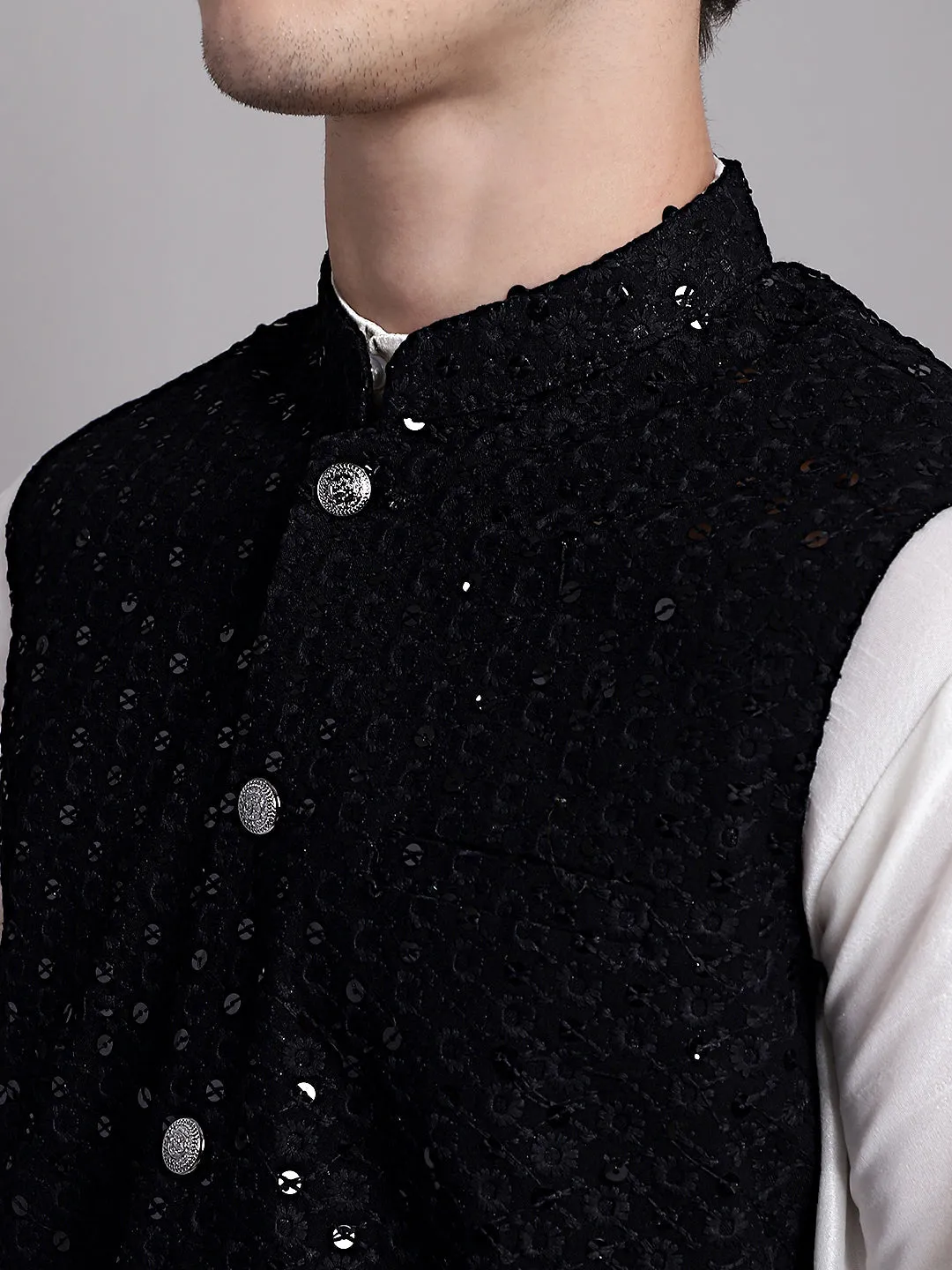 Men'S Black Sequins And Embroidered Nehru Jacket