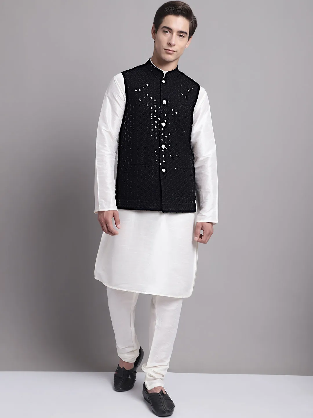 Men'S Black Sequins And Embroidered Nehru Jacket