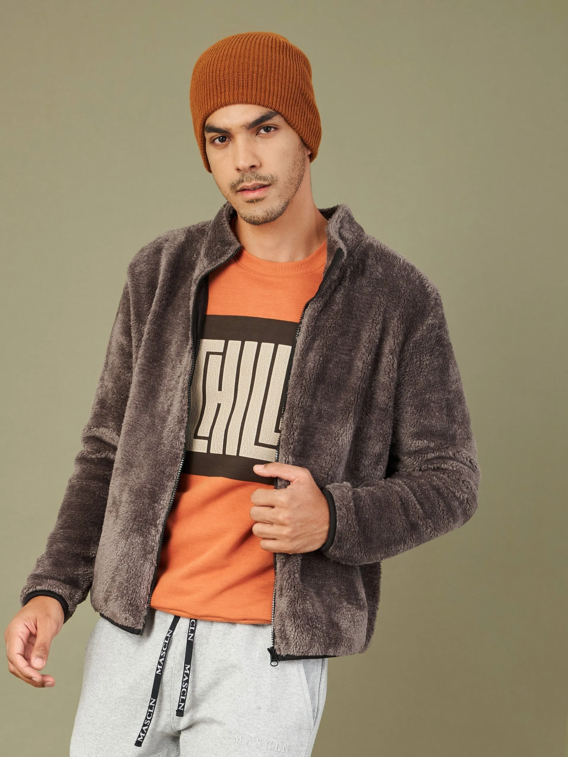 Men's Charcoal Grey Fur Contrast Zipper Jacket - LYUSH-MASCLN