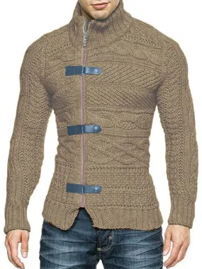 Men's Leather Button Long Sleeve Knitted Cardigan Jacket