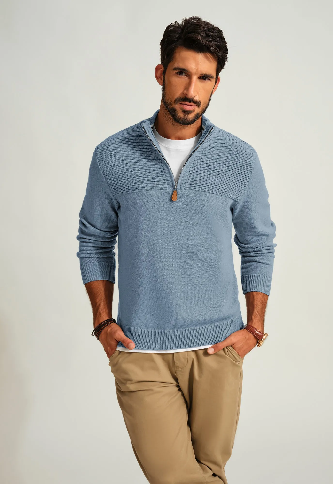 Men's Quarter Zip Sweater Slim Fit Casual Pullover Sweater Mock Neck Polo Sweaters