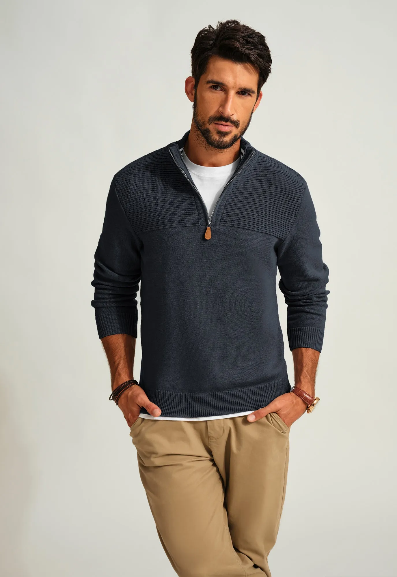 Men's Quarter Zip Sweater Slim Fit Casual Pullover Sweater Mock Neck Polo Sweaters