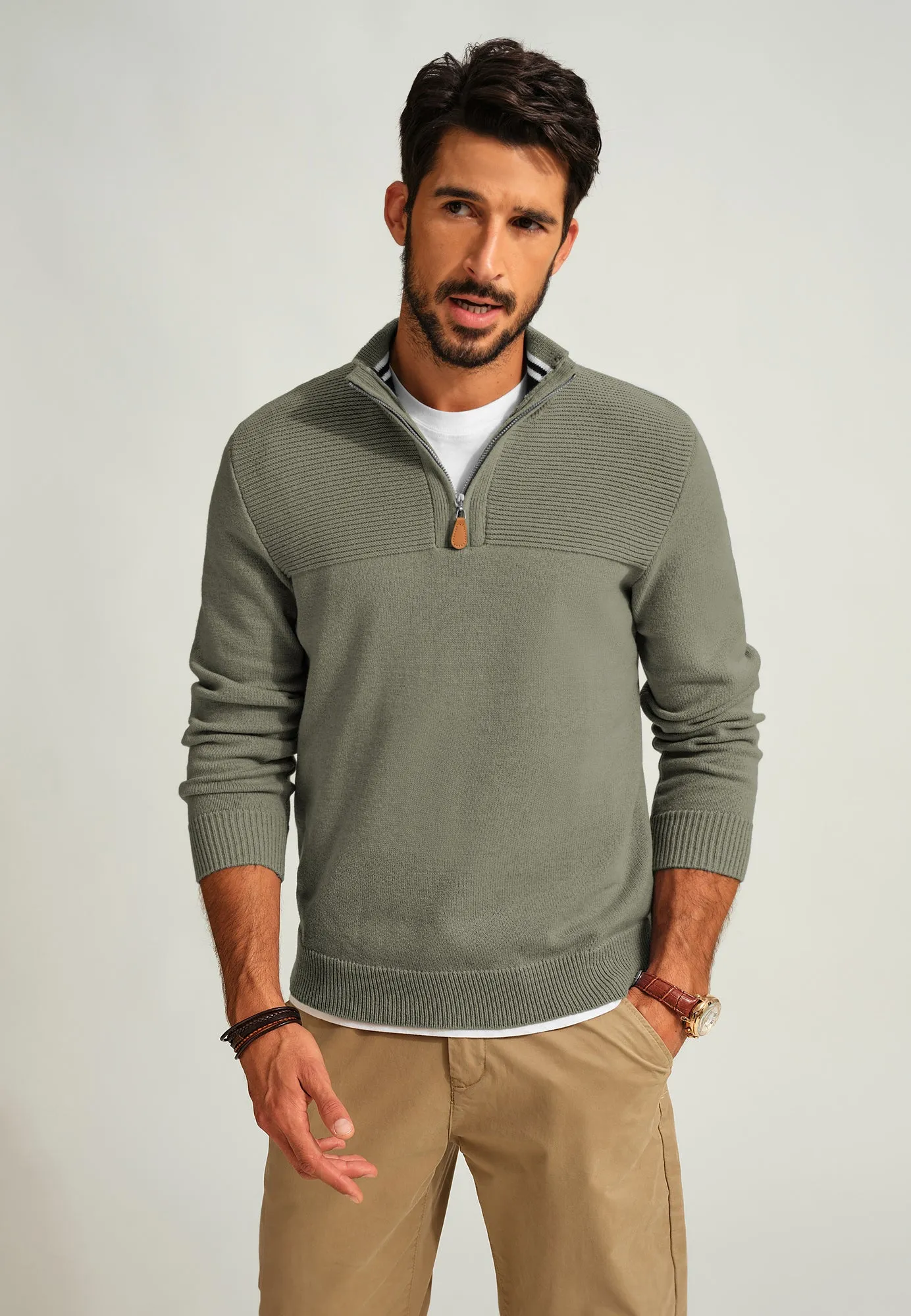 Men's Quarter Zip Sweater Slim Fit Casual Pullover Sweater Mock Neck Polo Sweaters