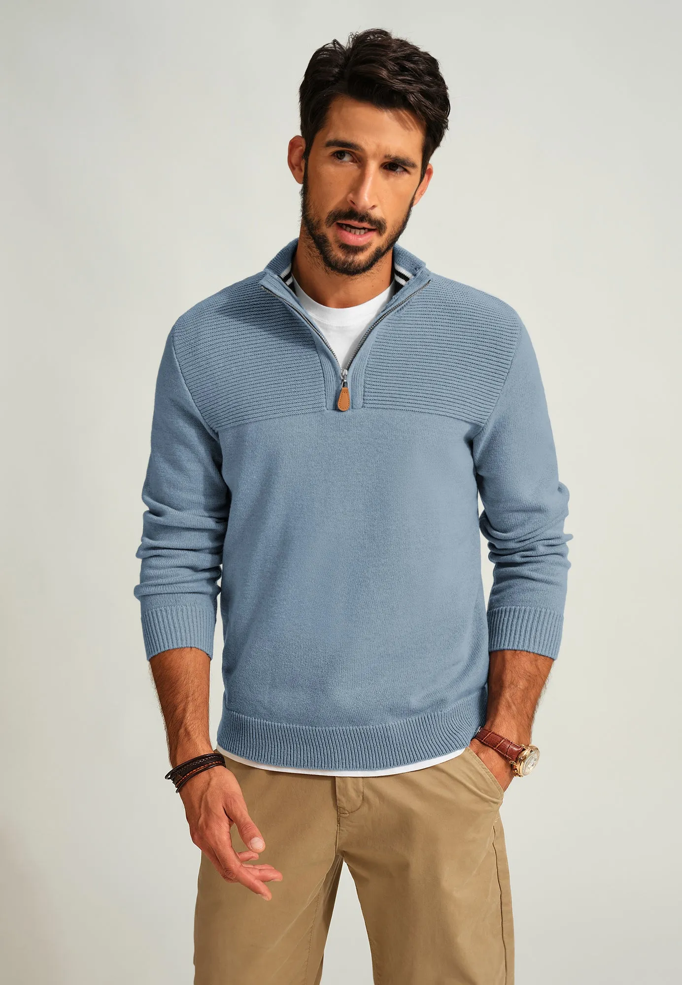 Men's Quarter Zip Sweater Slim Fit Casual Pullover Sweater Mock Neck Polo Sweaters