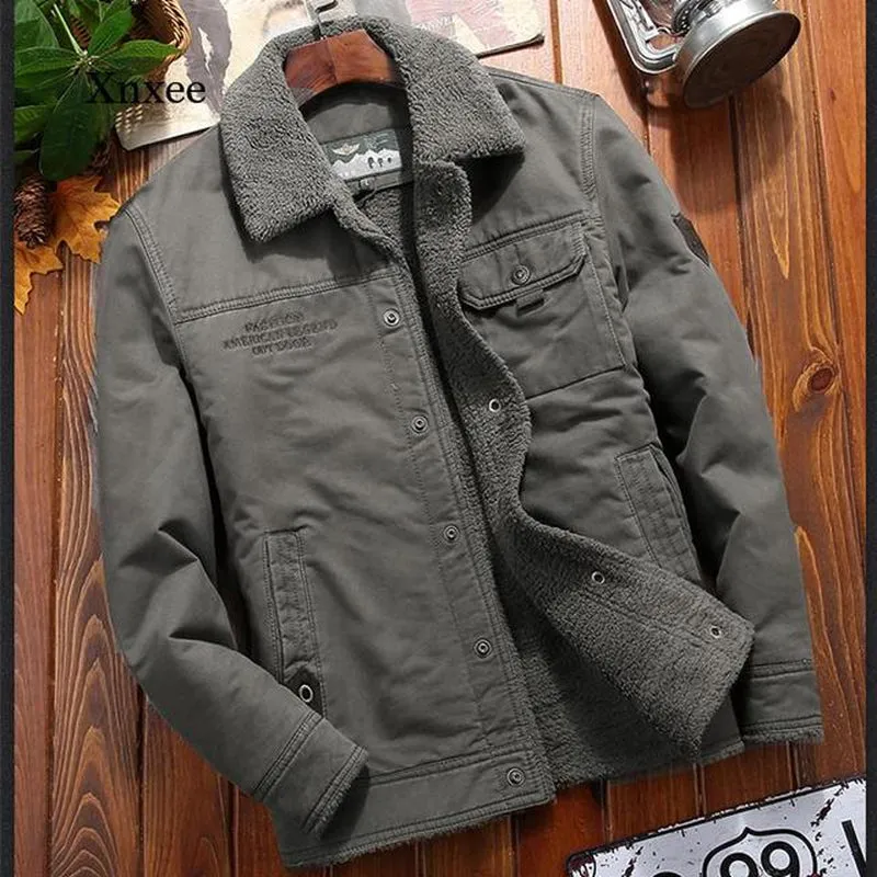 Men's Winter Denim Jacket with Fleece Lining - Thick, Warm, and Casual Khaki Green Lamb Parka - Fashionable Men's Jacket