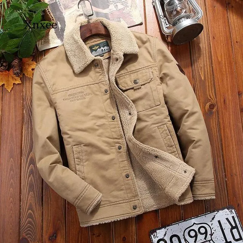 Men's Winter Denim Jacket with Fleece Lining - Thick, Warm, and Casual Khaki Green Lamb Parka - Fashionable Men's Jacket