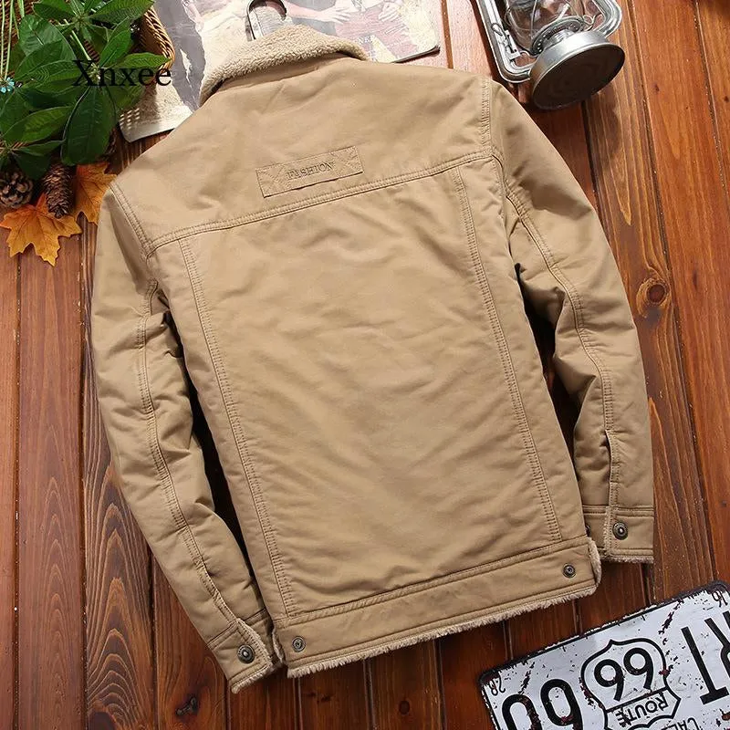 Men's Winter Denim Jacket with Fleece Lining - Thick, Warm, and Casual Khaki Green Lamb Parka - Fashionable Men's Jacket