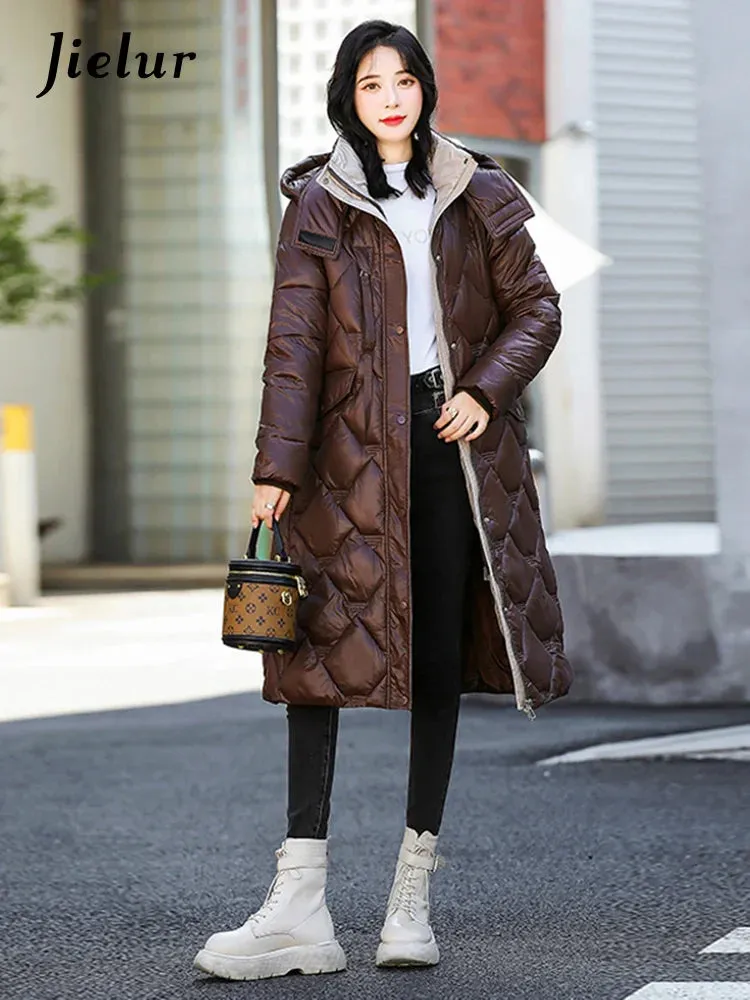 Metaversmall Bright Cotton Jackets for Women Winter Korean Parkas Female Fashion Mid Long Slim Warm White Cofee Khaki Coat Female