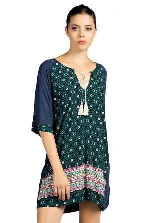 Mixed Print Tassel Tie Dress, Navy