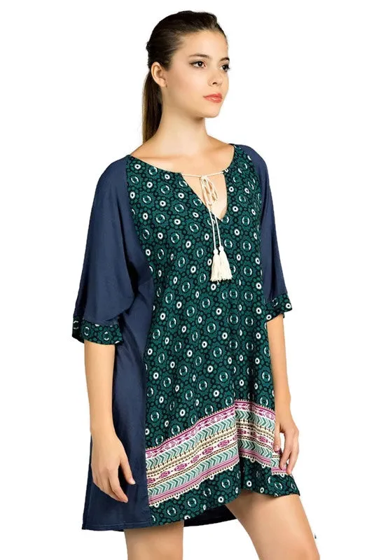 Mixed Print Tassel Tie Dress, Navy