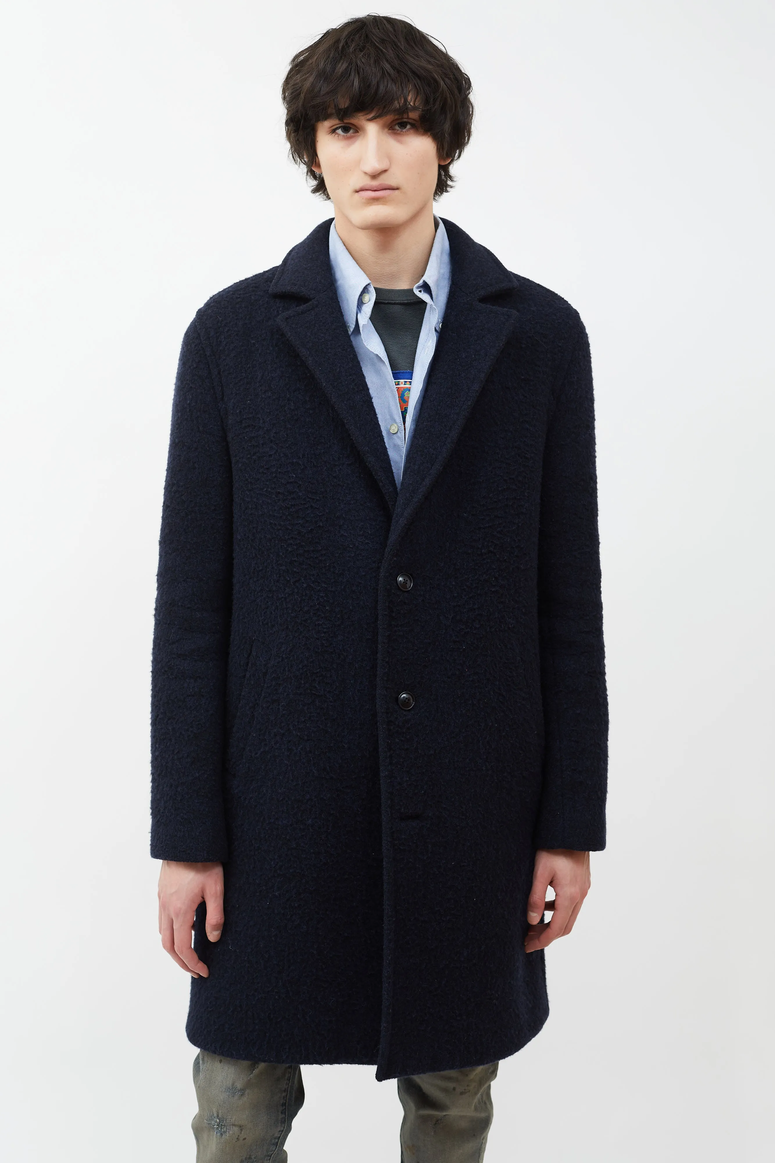 Navy Wool Blend Long  Coat