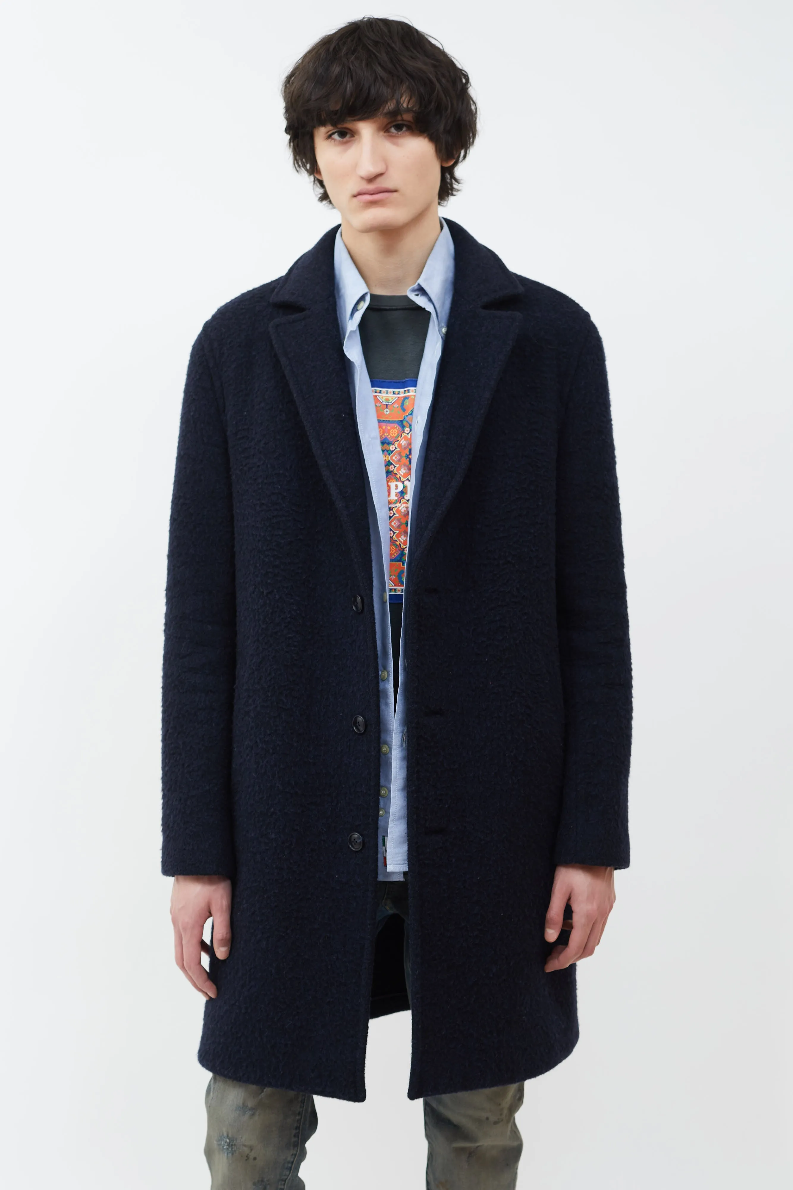 Navy Wool Blend Long  Coat