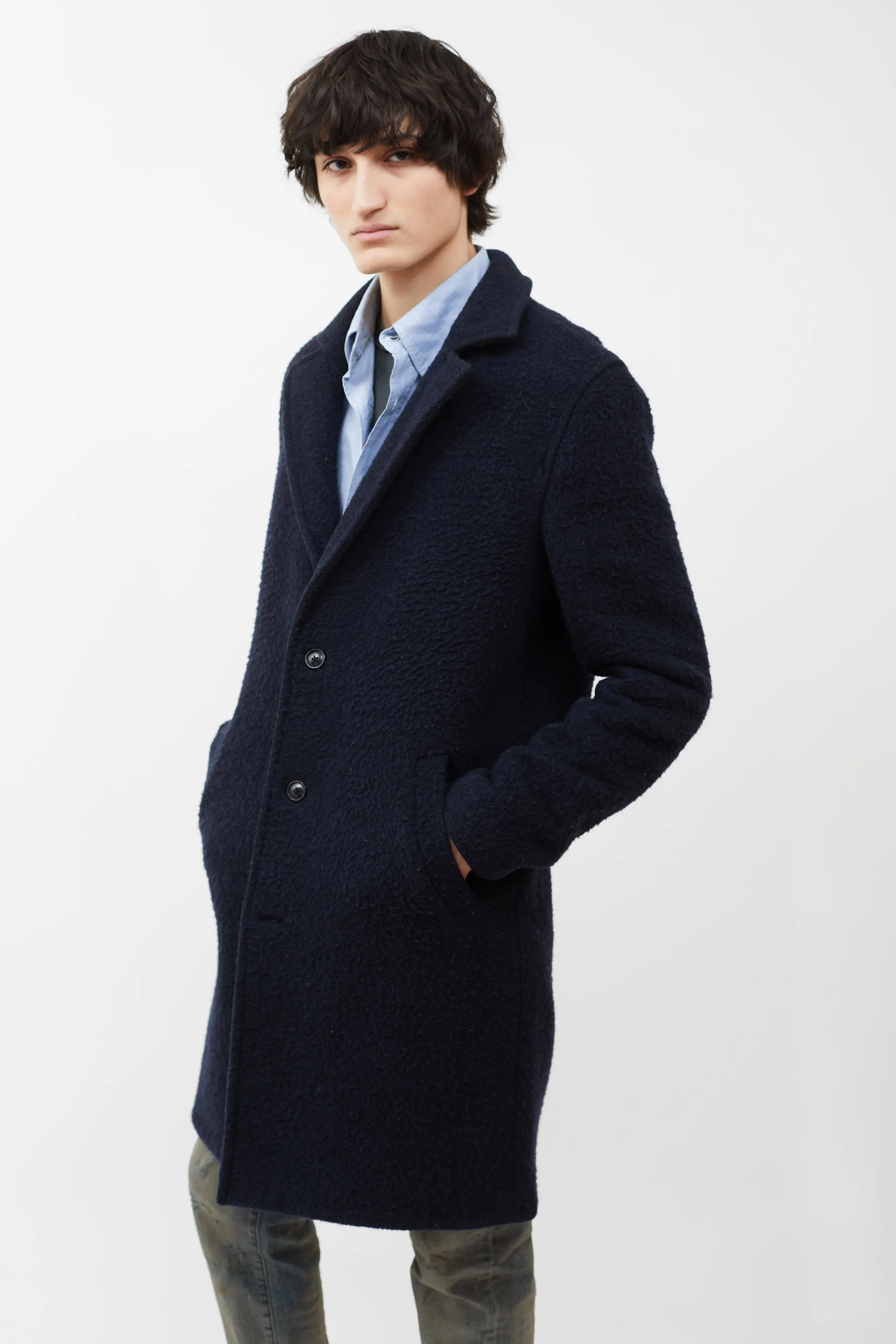 Navy Wool Blend Long  Coat