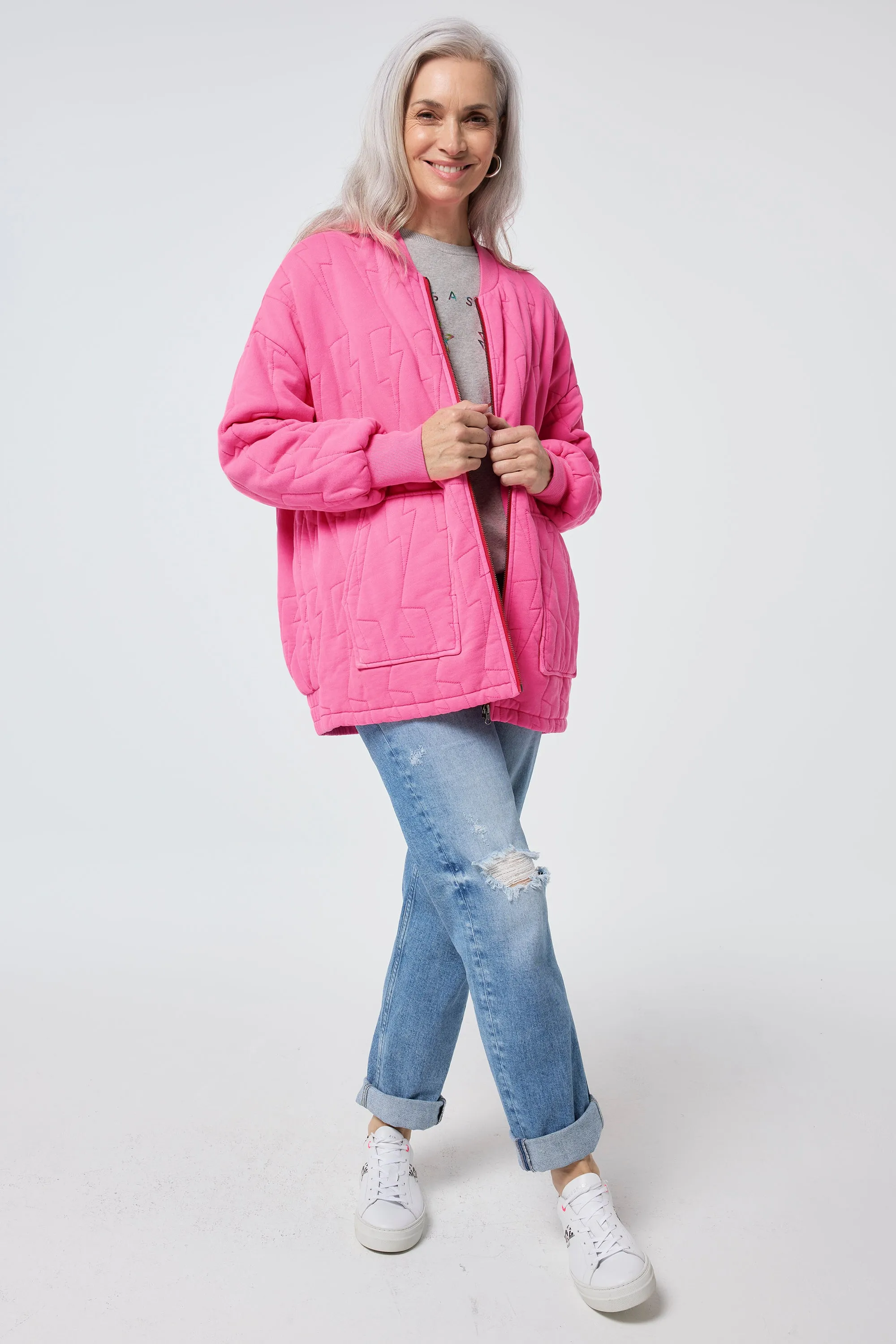 Neon Pink Organic Cotton Quilted Lightning Bolt Oversized Bomber Jacket