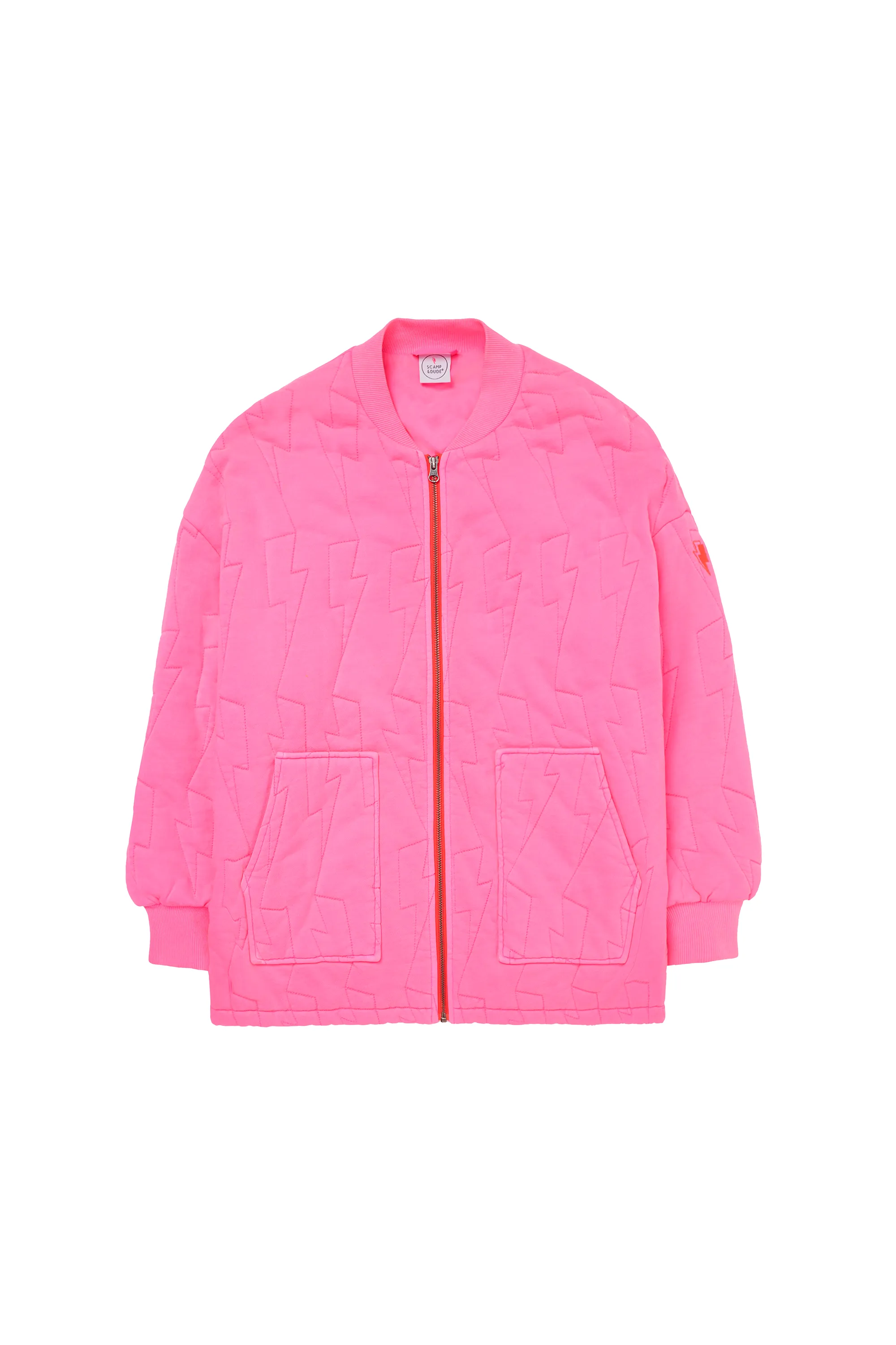 Neon Pink Organic Cotton Quilted Lightning Bolt Oversized Bomber Jacket