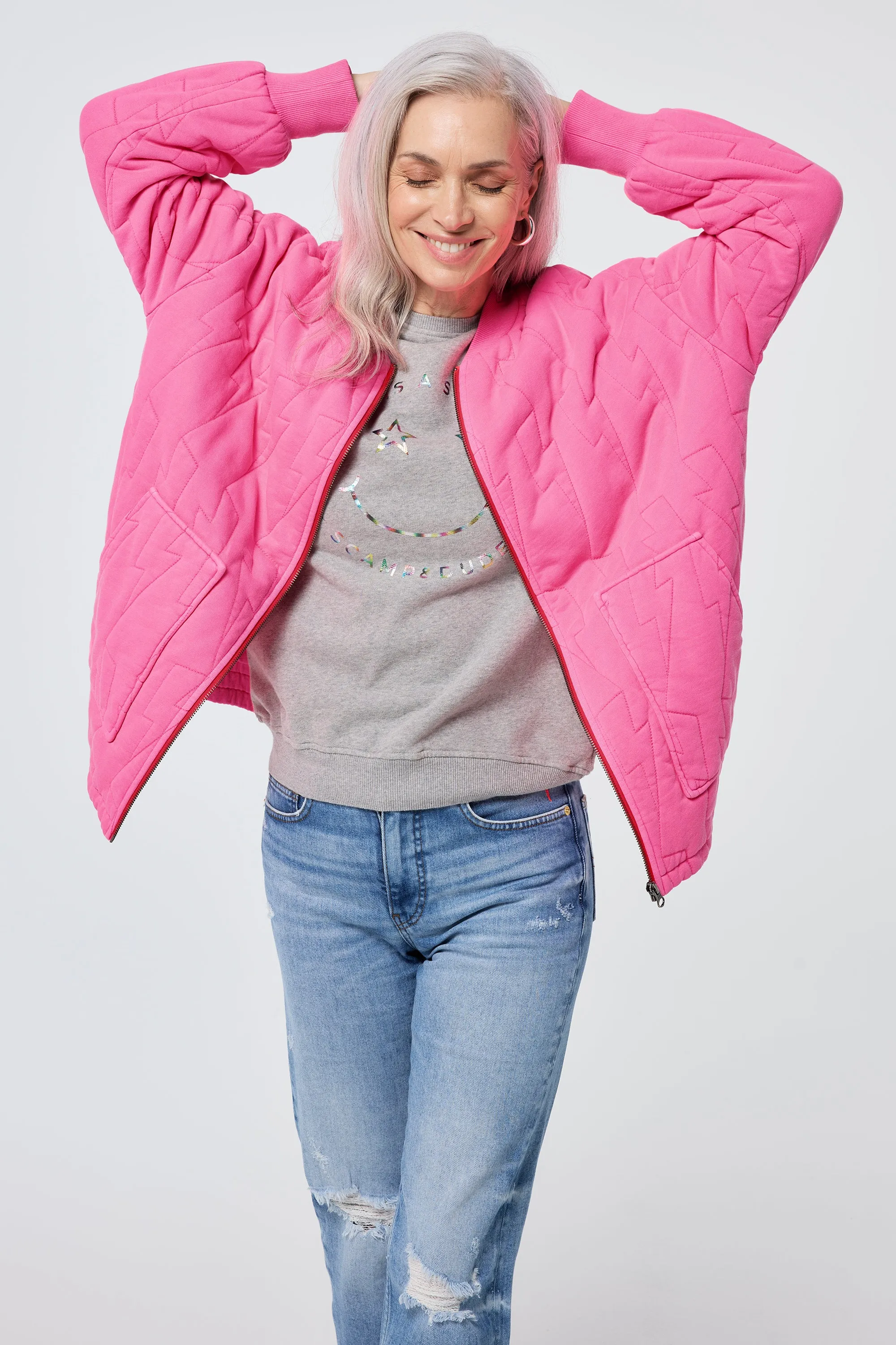 Neon Pink Organic Cotton Quilted Lightning Bolt Oversized Bomber Jacket