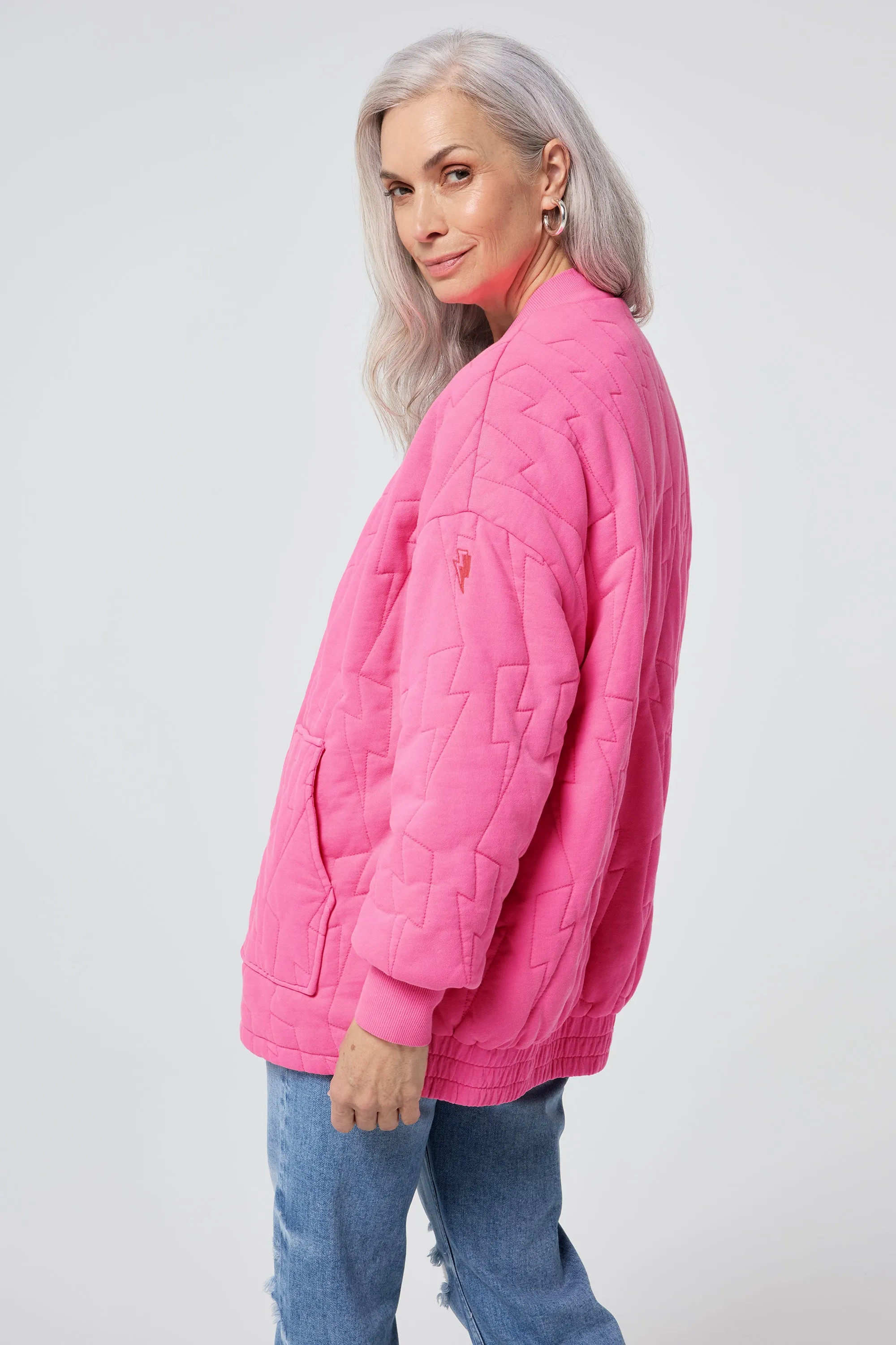 Neon Pink Organic Cotton Quilted Lightning Bolt Oversized Bomber Jacket