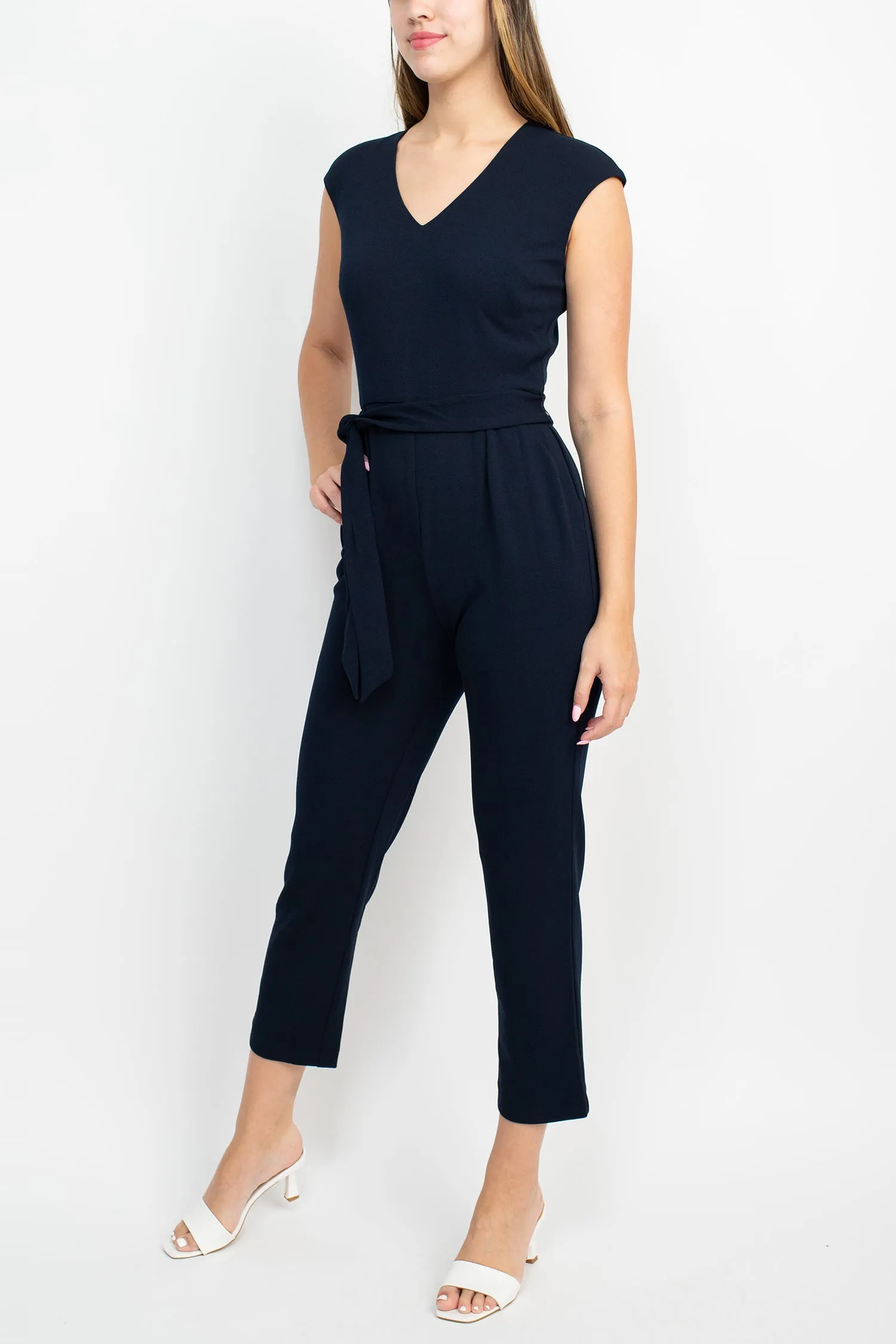 Nine West V-Neck Sleeveless Tie Waist Zipper Back Solid Crepe Jumpsuit with Pockets