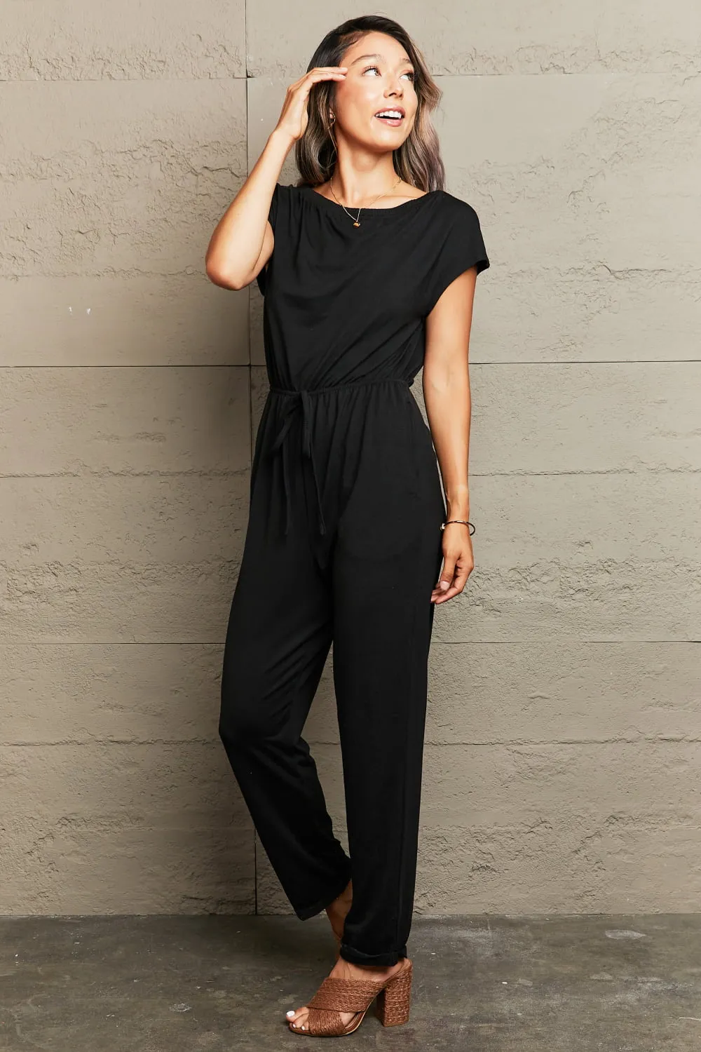 Nsquared Boat Neck Short Sleeve Jumpsuit with Pockets