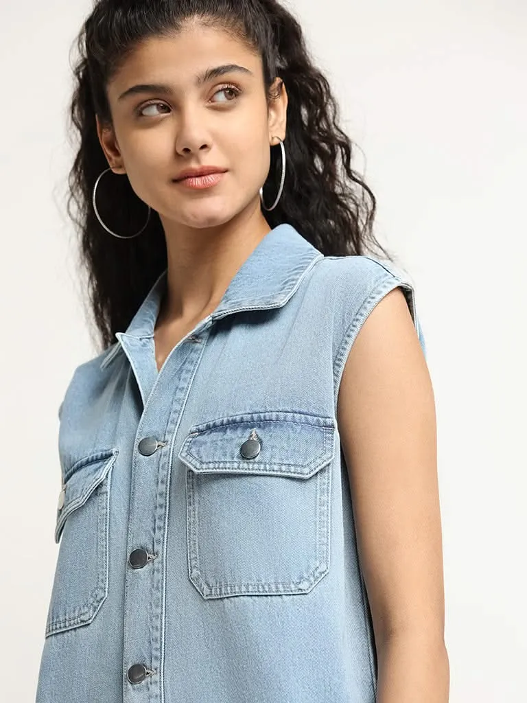 Nuon Light Blue Collared Denim Jumpsuit