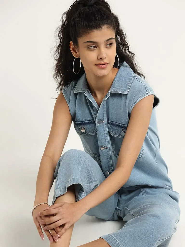 Nuon Light Blue Collared Denim Jumpsuit