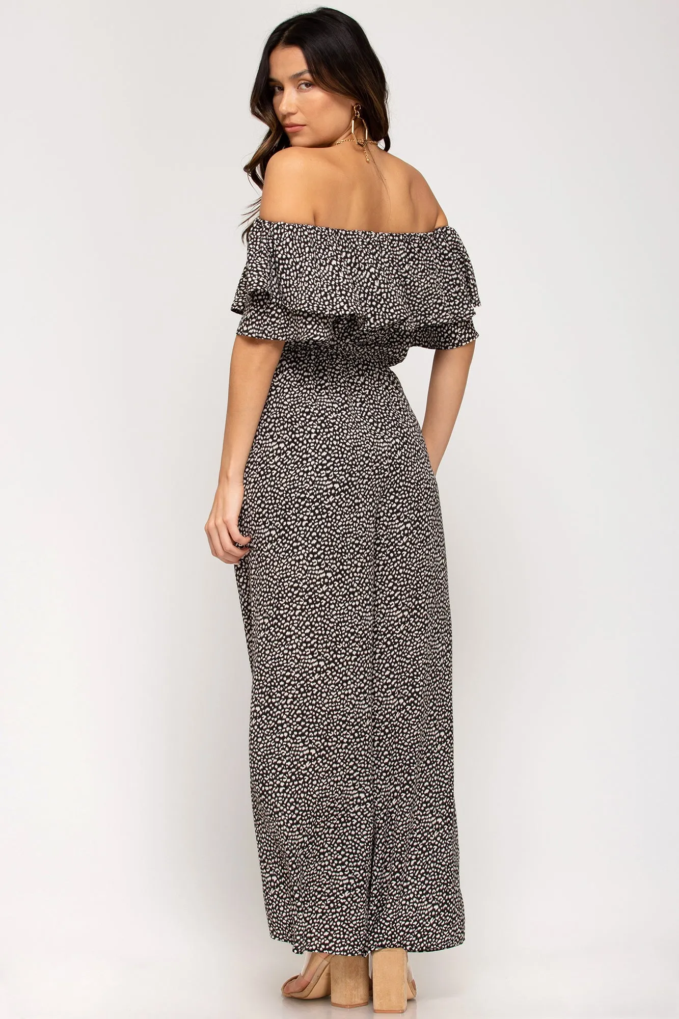 Off-the-shoulder ruffled woven printed jumpsuit with waist sash and lining