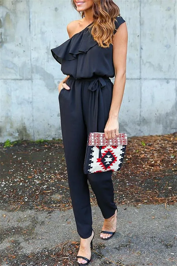 One Shoulder Ruffle Jumpsuit