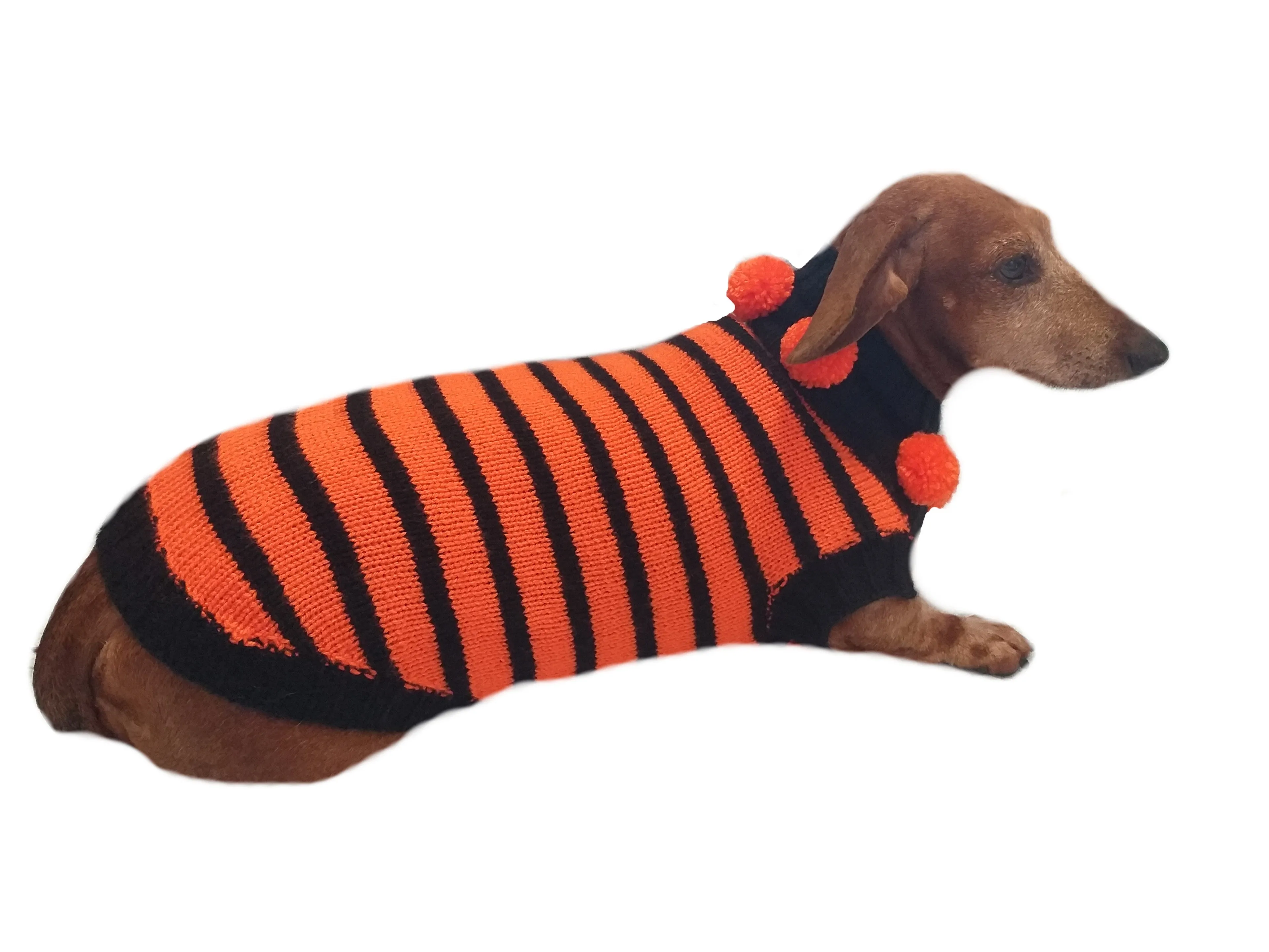 Orange and black striped knitted sweater with pompoms for dachshund or small dog