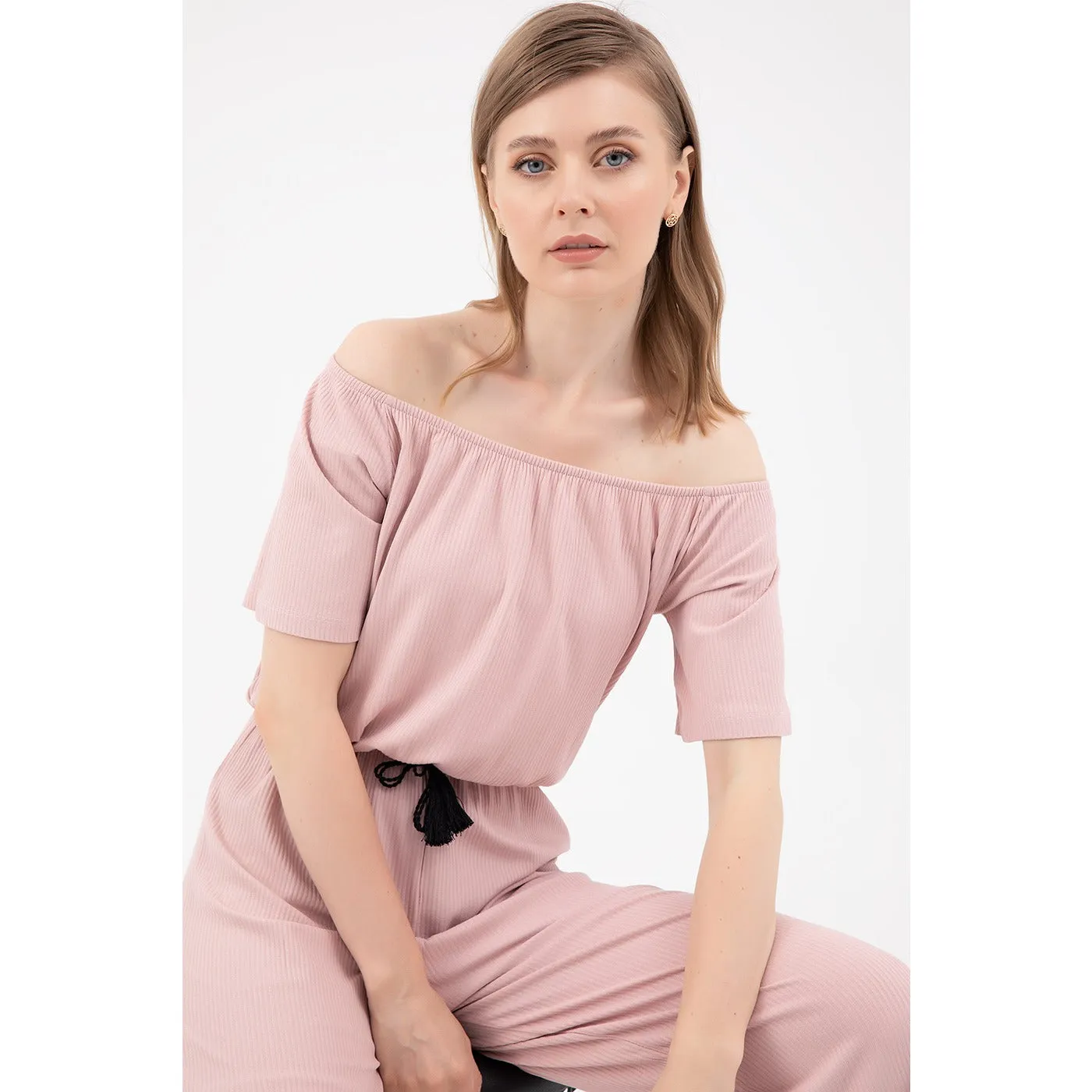 Pink Elastic Waist Jumpsuit