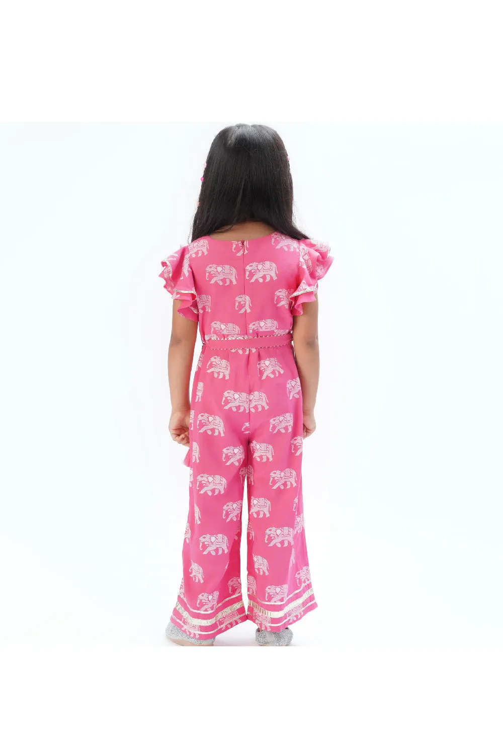 Pink Elephant Printed Jumpsuit With Zari Embroidered Belt Set