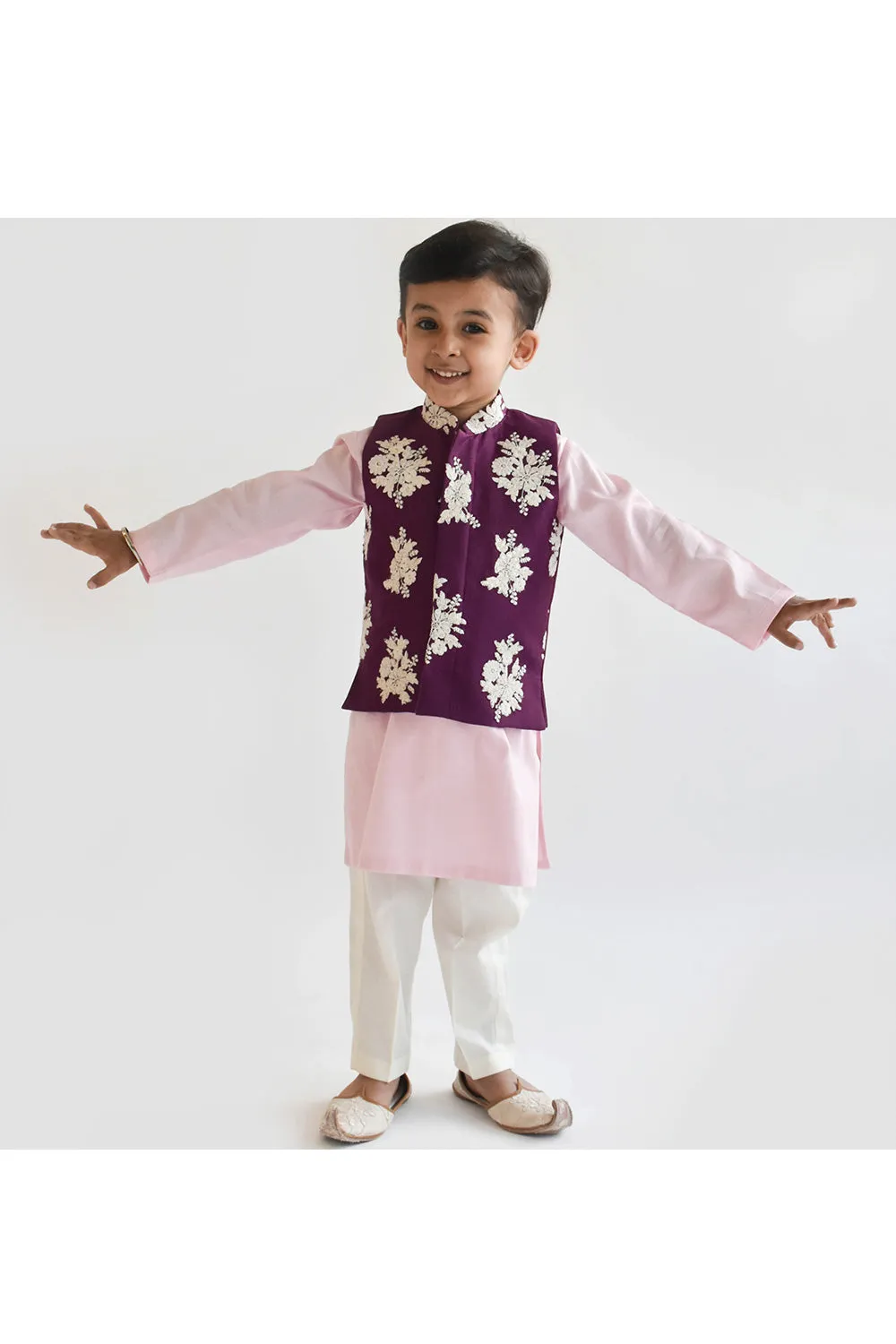 Pink Silk Kurta With Purple Embroidered Jacket Set