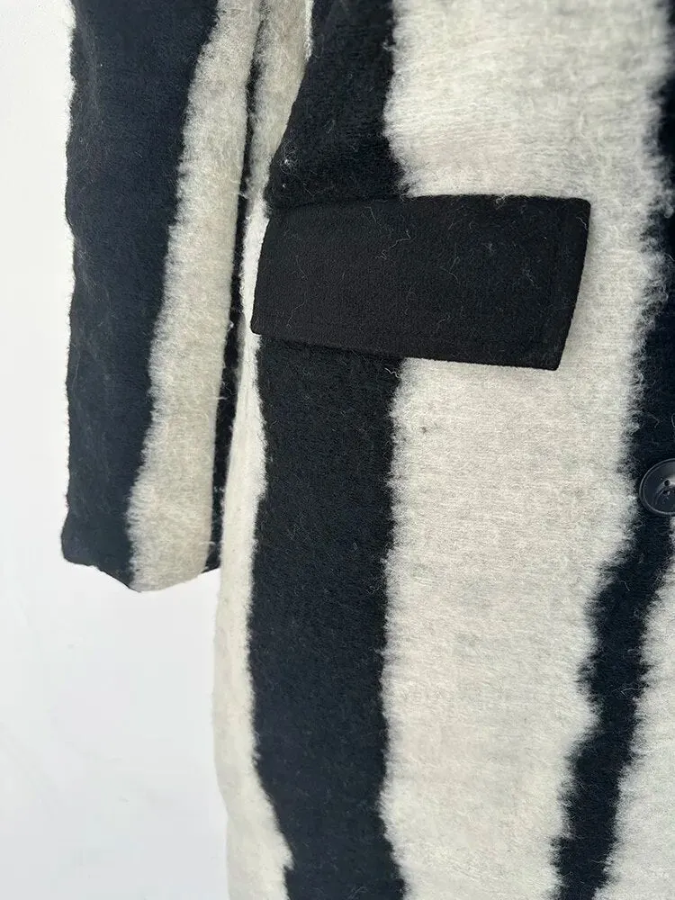 Pre Order:  Black and White Stripes Woolen Coat