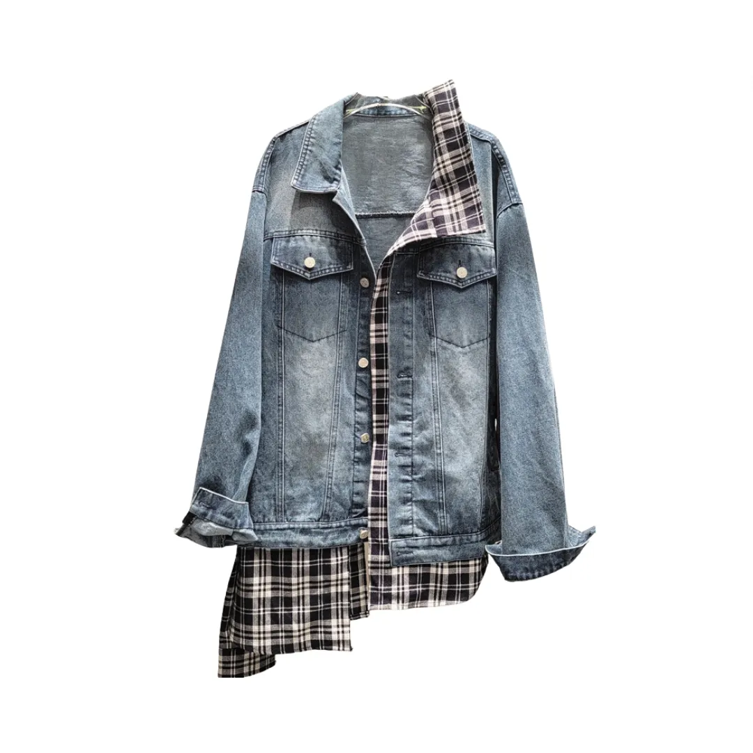 Pre Order: Irregular Spliced Plaid Loose Fit Denim Jacket