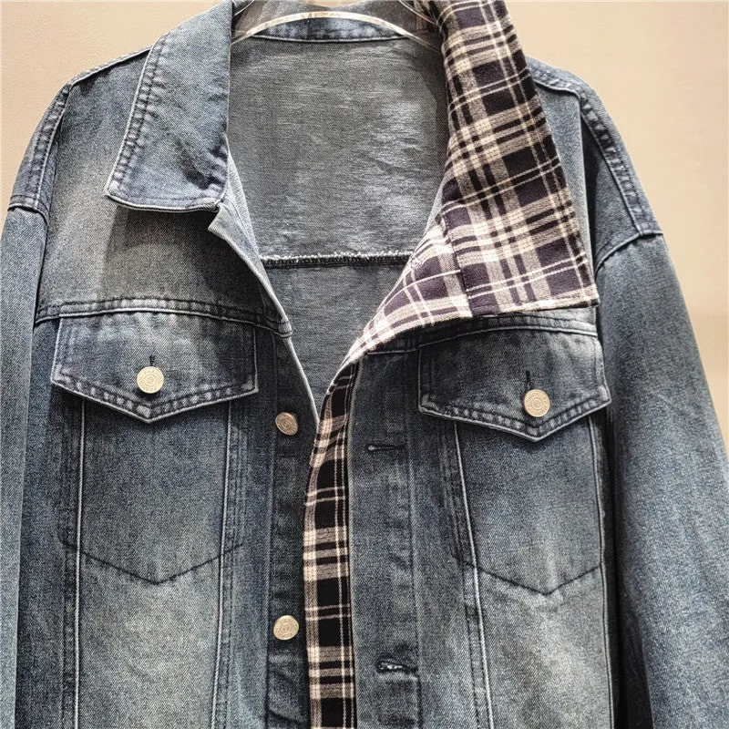 Pre Order: Irregular Spliced Plaid Loose Fit Denim Jacket