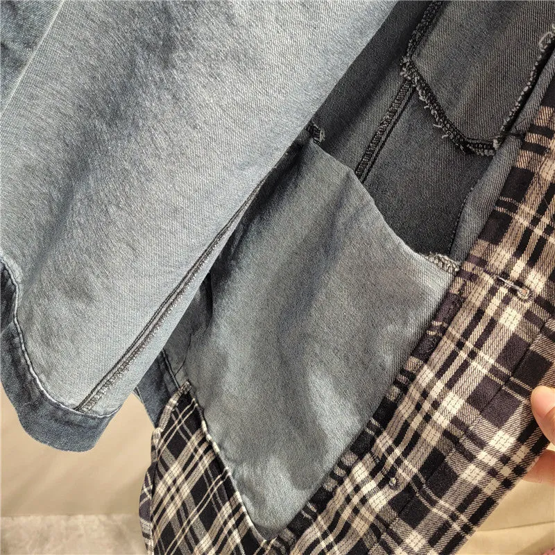 Pre Order: Irregular Spliced Plaid Loose Fit Denim Jacket