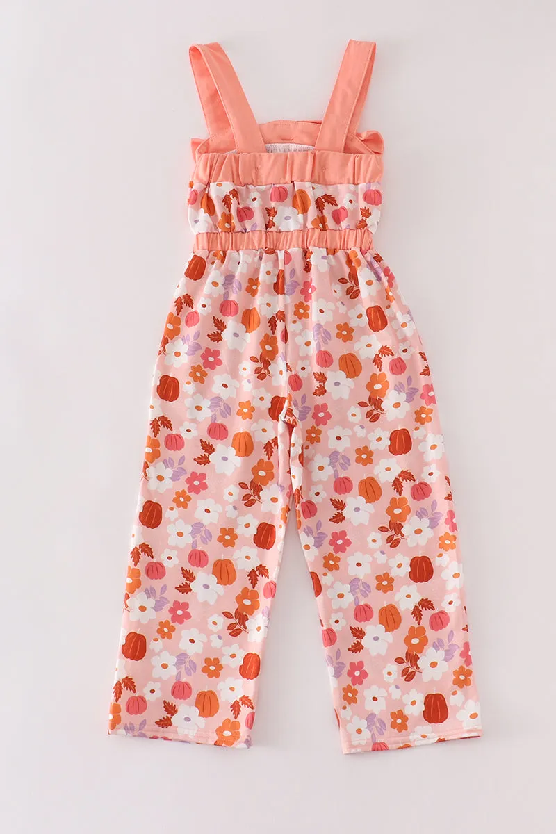 Pumpkin floral print bow girl jumpsuit