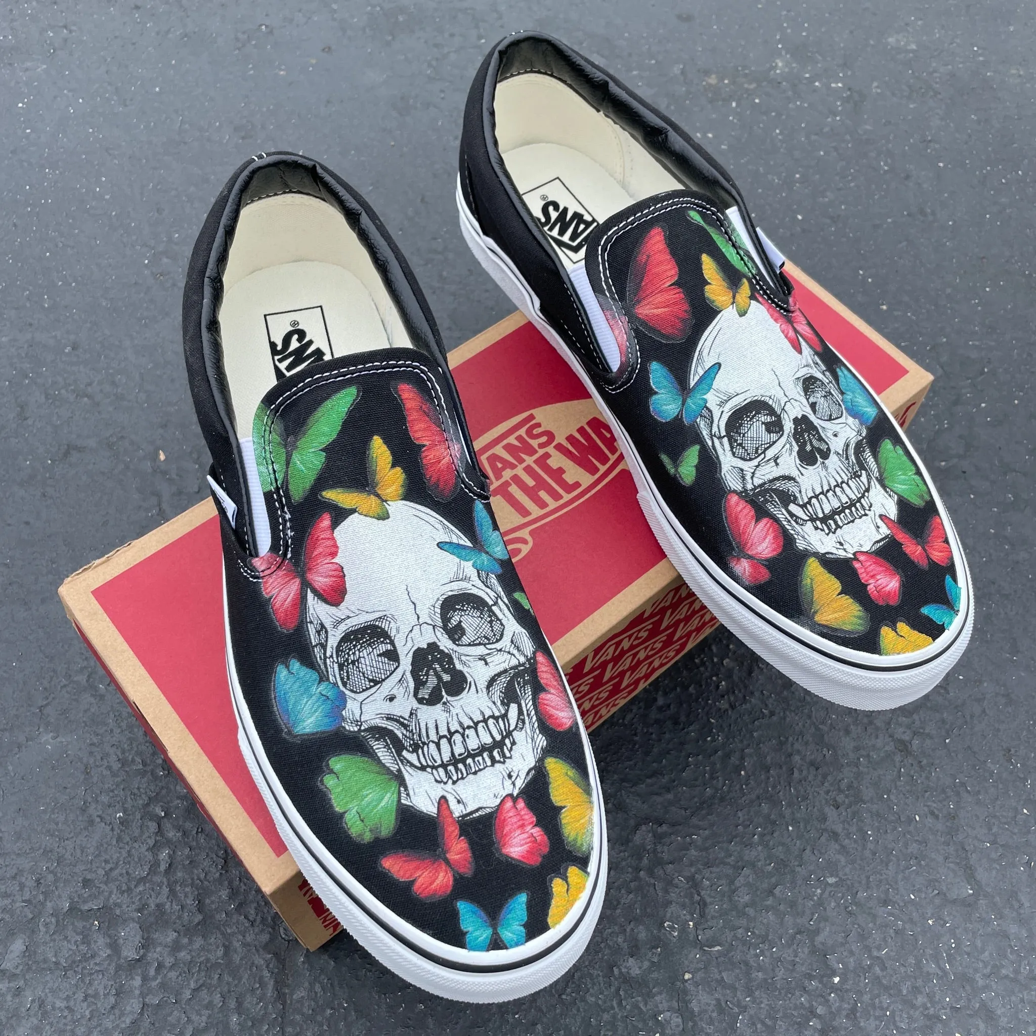 Rainbow Butterfly Skull - Custom Slip Ons