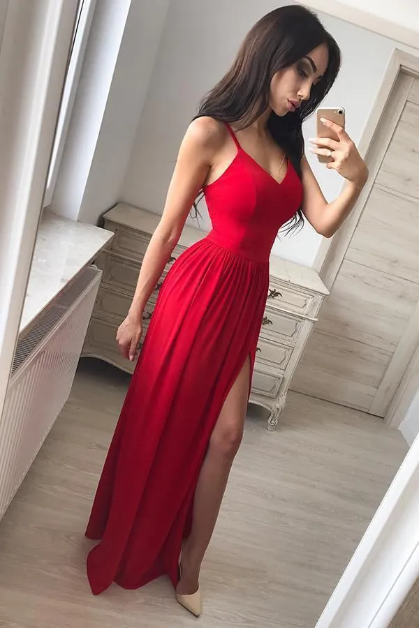 Red A Line V Neck Floor Length Long Prom with Side Leg Slit, Red Long Formal Evening, Red Graduation